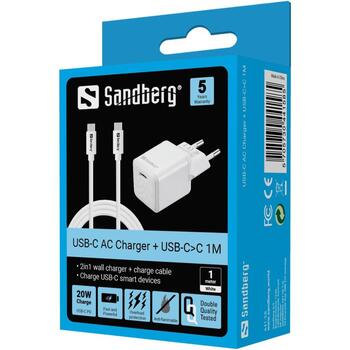 Sandberg USB-C lādētājs 441-58, 230V, 5V/3A, 9V/2.22A, 12V/1.67A, 20W, 1x USB-C, Power Delivery (441-58)