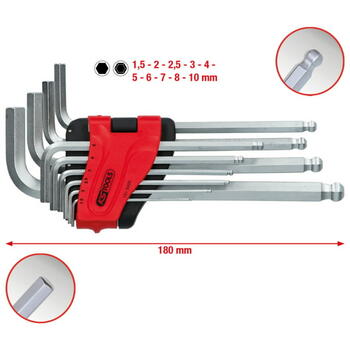KSTOOLS 151.5000, lodveida sešstūra atslēgu komplekts, garais, 10 gab., 0.42 kg (151.5000)