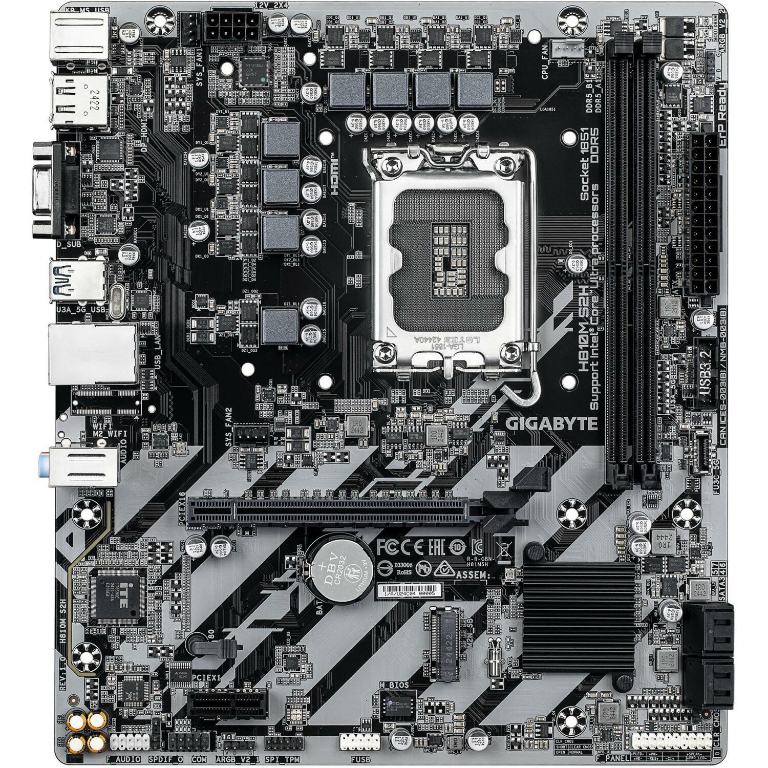 Gigabyte Mātesplate H810M S2H, Intel Core Ultra (Series 2), 4+1+2 fāzes VRM, līdz 6400MHz DDR5, 1xPCIe 4.0 M.2, 1GbE LAN (H810M S2H)
