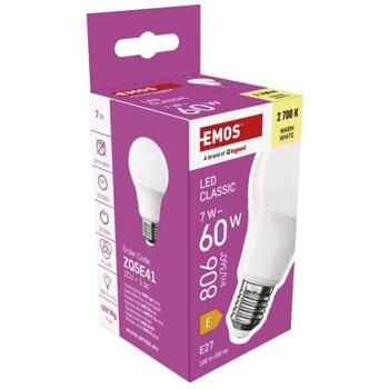 Emos LED лампочка Classic A60 ZQ5E41, 7 W, 806 lm, 220-240 V~, 50/60 Гц, 30 000 часов, E27, теплый белый (ZQ5E41)