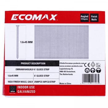 Ecomax отделочные гвозди EMNA001645GALV&EMX, 45x1,6 мм, 16GA, 2500 шт., электрогальванизированные, 0°, 50 шт./полосе (EMNA001645GALV&EMX)