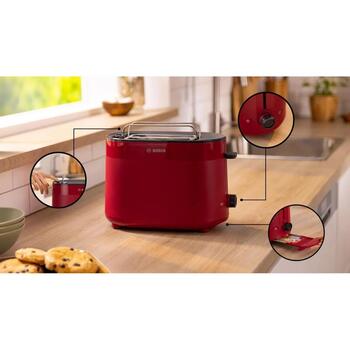 Bosch Tosteris MyMoment TAT2M124, 950 W, 2, sarkana, plastmasa, atkausēšanas funkcija, automātiskā izslēgšanās (TAT2M124)