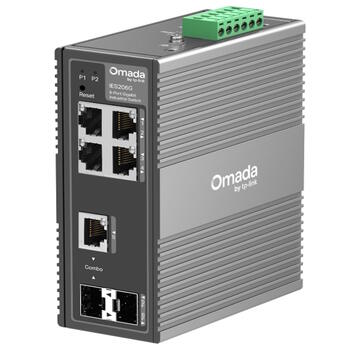 TP-Link IES206G сетевой коммутатор Omada Industrial 6× Gigabit 10/100/1000 Mbps Easy Managed 4× RJ45 1× RJ45/SFP combo 1× SFP VLAN QoS STP/RSTP индустриальный диапазон -40–75 °C DIN/замок Чёрный (IES206G)