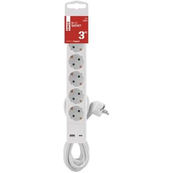 Emos Удлинитель P1523CU, 3м, 5× 2P + PE, 3680W, с выключателем, белый, 1× USB-A, 1× USB-C (P1523CU)