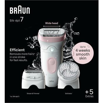 Braun epilators Silk-épil Series 7 7-060 SE7060, 40 min, 1 līmenis, mitrā un sausā epilācija, SmartLight, 40 pincetes, akumulators (SE7060)