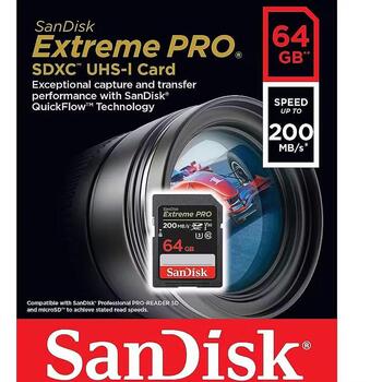 Sandisk Extreme PRO карта памяти SDSDXXU-064G-GN4IN, 64GB, SDXC, UHS-I, U3, V30, Class 10, 200MB/s чтение, 90MB/s запись (SDSDXXU-064G-GN4IN)