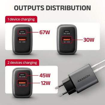 Axagon настенный зарядное устройство ACU-PQ67 67W, 2xUSB-A 30W, USB-C 67W, адаптер питания, быстрая зарядка, защита от перегрузки (ACU-PQ67)