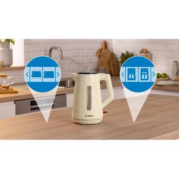 Bosch Электрический чайник TWK1M127, 2400 Вт, 1.7 л, пластик, песочного цвета, автоматическое отключение, индикатор уровня воды (TWK1M127)