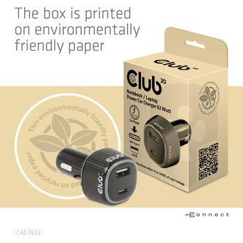 Club3D Зарядное устройство CAC-1922 63W, 12-24V, 1xUSB Type-A 18W, 1xUSB Type-C 45W, OCP, OVP, SCP, OTP, Черный (CAC-1922)