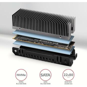 Axagon SSD охладитель M.2 CLR-M2XT, 77.5 x 24 x 24 мм, алюминий, пассивный, 3 термопрокладки, комплект для установки (CLR-M2XT)