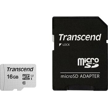 Transcend microSDHC карта памяти TS16GUSD300S-A, 16GB, Class 10, UHS-I U1, 95MB/s чтение, 10MB/s запись, SD адаптер (TS16GUSD300S-A)