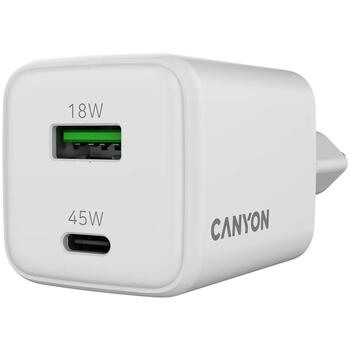 Kompakts sienas lādētājs ar GaN tehnoloģiju 45 W kopējo jaudu 1×PD un 1×QC ātrās uzlādes portu CU45AC EU Balts CNS-CUW45AC CANYON (CNS-CUW45AC)