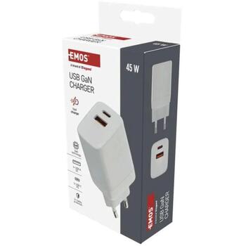 Emos Универсальное USB настенное зарядное устройство GaN V04G45, 45 Вт, 100–240 В, 2xUSB, быстрая зарядка, защита от перегрузки (V04G45)