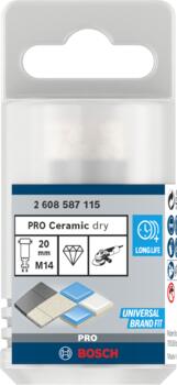 Dimanta caurumzāģis 20 mm DrySpeed Best for Ceramic, Mazām leņķa slīpmašīnām PRO CERAMIC DRY KROŅURBIS, 2608587115, BOSCH (2608587115)