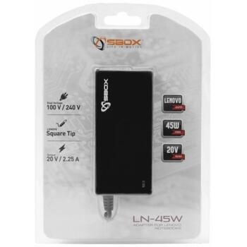 Sbox adapteris Lenovo klēpjdatoriem LN-45W, 45W, 100V-240V / 1,7A, 20V / 2,25A, >82%, taisnstūra savienotājs (LN-45W)