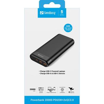 Sandberg Power Bank аккумулятор 420-62, 20000 mAh, 65 W, Li-Ion, Quick Charge 3.0, USB Type-C, 2x USB Type-A, черный (420-62)
