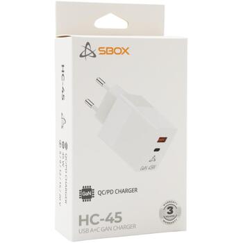 Sbox Lādētājs HC-45, 100-240V, 5V/3A, 9V/3A, 12V/3.75A, 2xUSB-A, 2xUSB-C, GaN tehnoloģija (HC-45)