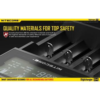 Nitecore Зарядное устройство D4EU 4-слотовое, совместимо с Li-ion, Ni-MH, Ni-Cd, ЖК-экран, 0.239 кг (D4EU)