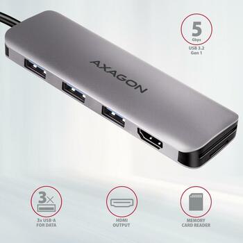 Axagon USB centrmezgls HMC-HCR3A, 3x USB 3.2, 1x HDMI, 1x SD, 1x microSD, 20 cm kabelis, alumīnija korpuss (HMC-HCR3A)