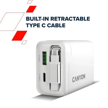 Kompakts sienas lādētājs ar integrētu USB C kabeli 65 W kopējo jaudu 1×PD un 1×QC ātrās uzlādes portu OnCharge 65RC Build In Cable EU Balts CNS-CURC65ACW CANYON (CNS-CURC65ACW)