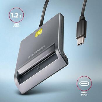 Axagon считыватель смарт-карт CRE-SM3TC USB Type-C, кабель 1.2 м, вес 51 г, серый, Plug and Play, светодиодные индикаторы, CE (CRE-SM3TC)