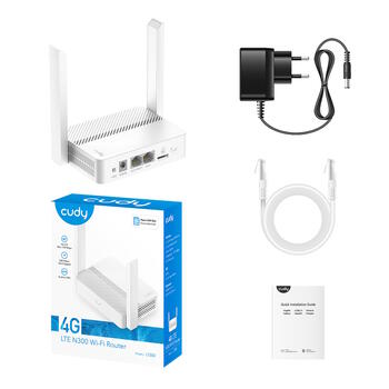 Cudy LT300 4G LTE Cat4 маршрутизатор, 300Mbps WiFi, Nano SIM, VPN, блокировка диапазонов, белый (LT300)