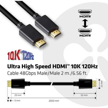 Club3D HDMI kabelis CAC-1372, 2 m, 48 Gbit/s, 10K 120Hz, 3D, zelta kontakti, melns (CAC-1372)