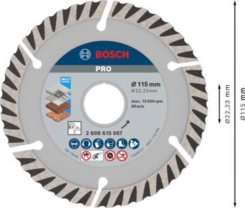 Dimanta grieš. disks * Universal 115x22.23 mm, Mazām leņķa slīpmašīnām PRO MULTI MATERIAL DIMANTA GRIEZĒJDISKS, 2608615057, BOSCH (2608615057)