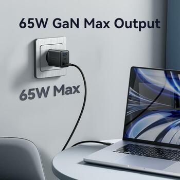 Vention зарядное устройство FERB0-EU 65W PD быстрая зарядка, 3 устройства, 2 USB-C, 1 USB-A, черный, GaN технология (FERB0-EU)
