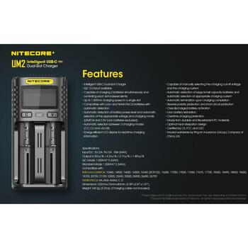 Nitecore Зарядное устройство UM2, 2 слота, 3000mA, ЖК-дисплей, восстановление IMR аккумуляторов, 1500mA на слот (UM2)