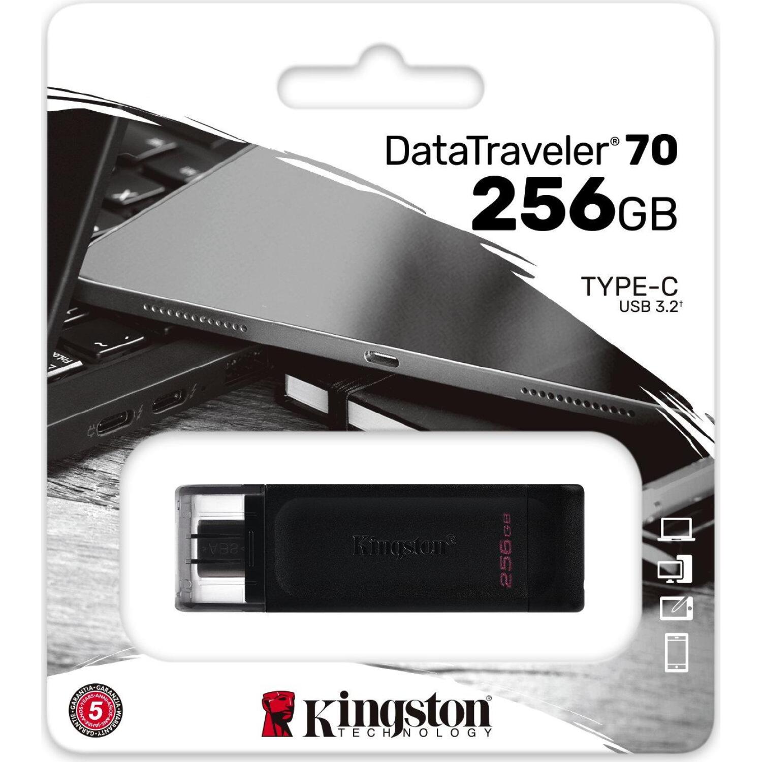 Kingston DataTraveler 70 DT70/256GB, 256 ГБ, USB Type-C, USB 3.2 Gen 1, до 200 МБ/с, водонепроницаемый дизайн (DT70/256GB)