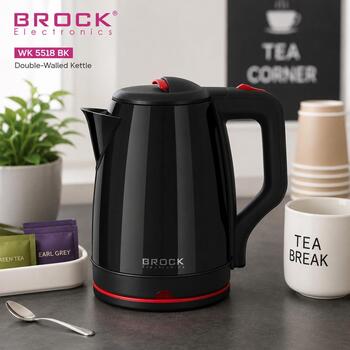 Brock WK 5518 BK чайник, 2,0л, 1500Вт, 360° основание, черный, нержавеющая сталь, двойные стенки, скрытый нагревательный элемент (WK 5518 BK)