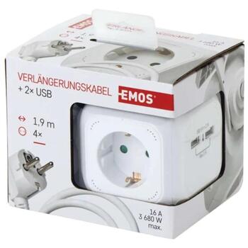 Emos Удлинитель P04219GU, 1,9м, 4x2P+PE, белый, PVC, 3680W, с USB, защита от детей (P04219GU)