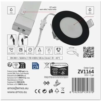 Emos LED прожектор LORI ZV1164, 4,5 Вт, 345 лм, IP65, 110°, 2700/4000 K, черный, встраиваемый (ZV1164)
