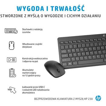 HP 230 bezvadu peles un klaviatūras komplekts 18H24AA#ABB, 2.4 GHz, 10m, 1600 DPI, pilna izmēra, melns (18H24AA#ABB)