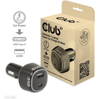 Club3D Зарядное устройство CAC-1922 63W, 12-24V, 1xUSB Type-A 18W, 1xUSB Type-C 45W, OCP, OVP, SCP, OTP, Черный (CAC-1922)