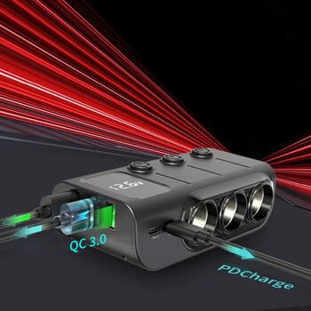 Manta Auto lādētājs MCC201T, 12-24V, 1306W, 3x USB-A, 2x USB-C, PD 36W, QC 3.0, LED displejs (MCC201T)
