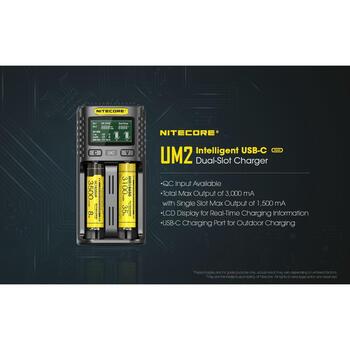 Nitecore Зарядное устройство UM2, 2 слота, 3000mA, ЖК-дисплей, восстановление IMR аккумуляторов, 1500mA на слот (UM2)