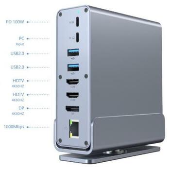 Gembird адаптер 15-в-1 A-CF-COMBO15-01 USB-C 4 AF, 2 HDMI, 1 DisplayPort, 1 RJ45, 1 аудио, 1 кардридер, серый (A-CF-COMBO15-01)