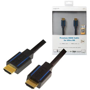 LogiLink CHB005 HDMI kabelis, 3 m, HDMI A tipa vīriešu savienotāji, 4K 60Hz, HDR, 18 Gbit/s, melns (CHB005)