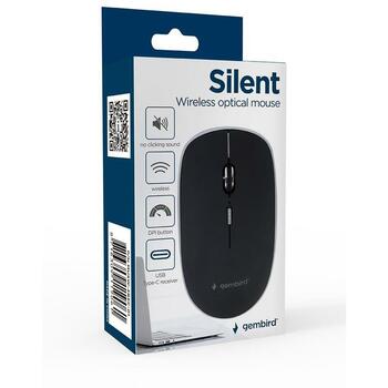 Gembird USB-C optiskā pele MUSW-4BSC-01, 4 pogas, 1600 DPI, bezvadu, melna, klusa klikšķu slēdži (MUSW-4BSC-01)