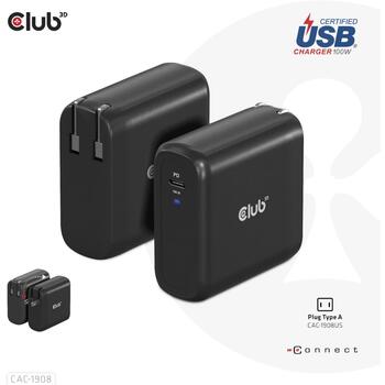 Club3D зарядное устройство CAC-1908EU 100W, USB Type-C, PD 3.0, 100-240VAC, 5V/9V/12V/15V ≤ 3A, 20V ≤ 5A, OCP, OVP, SCP, OTP (CAC-1908EU)