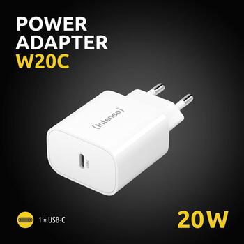 Intenso strāvas adapteris W20C, 20W, USB-C, 100-240V, 1 muciņa, ātrā uzlāde, balts (7802012)