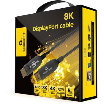 Gembird кабель DisplayPort CC-DP8K-AOC-5M, 5 м, 7680 x 4320, 120 Гц, оптоволокно, черный, металлические разъемы (CC-DP8K-AOC-5M)
