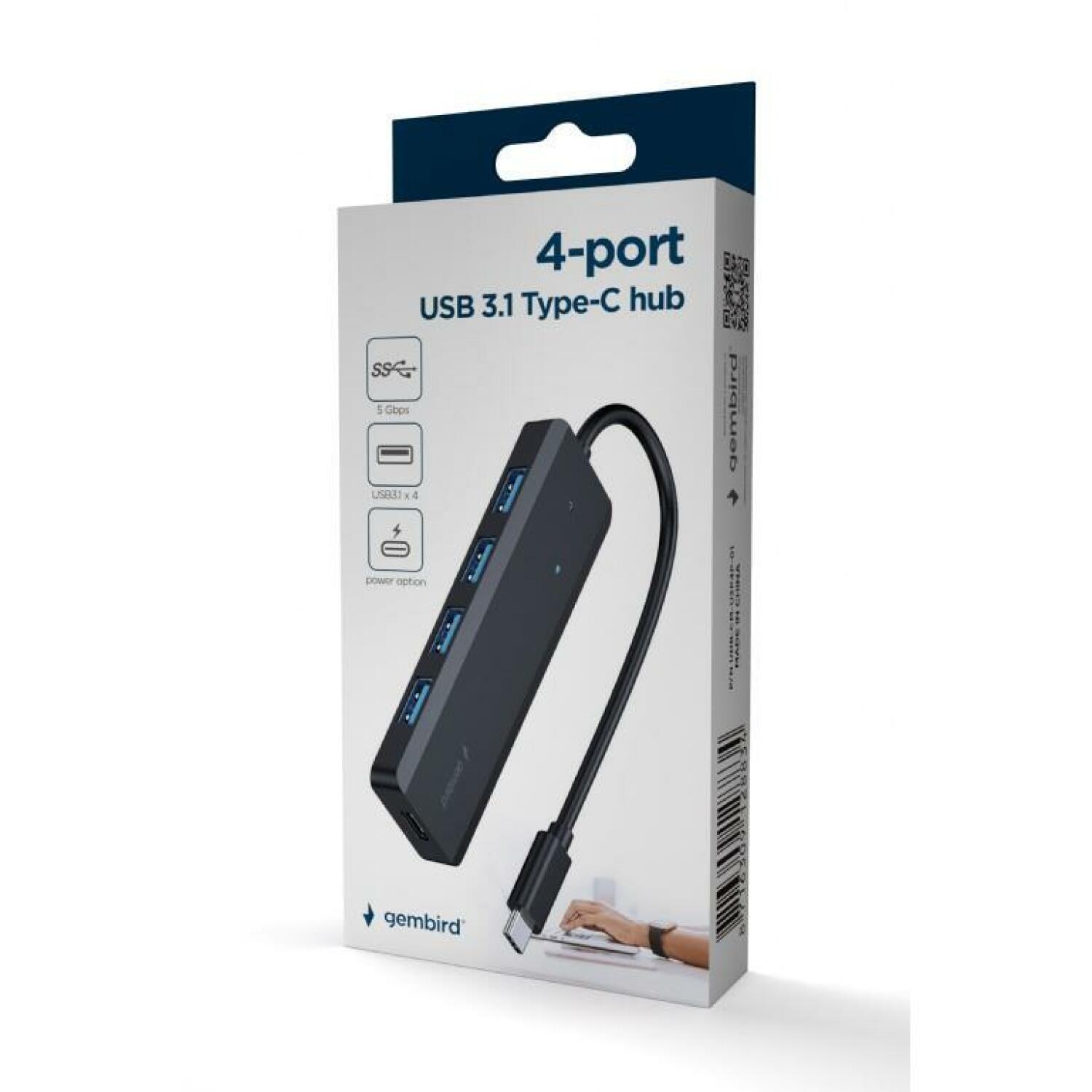 Gembird USB хаб UHB-CM-U3P4P-01 4-портовый USB 3.1 Type-C, 5 Гбит/с, черный, питаемый хаб (UHB-CM-U3P4P-01)