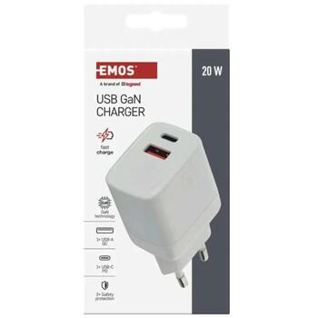 Emos Универсальное USB настенное зарядное устройство GaN V02G20, 20 Вт, 100-240 В, 2xUSB, быстрая зарядка, защита от перегрузки (V02G20)