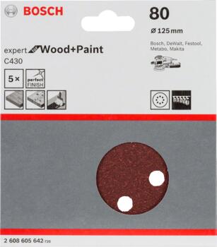 Slīppapīrs,kokam,PEX D=125mm,K80,5 gab., Ekscentra slīpmašīnām, ekscentra slīpmašīnām ar putekļu maisu C430 EXPERT FOR WOOD AND PAINT, 2608605642 BOSCH (2608605642)