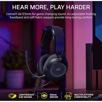 Corsair spēļu austiņas HS35 v3 CA-9011399-WW, 50 mm, 32 Ω, 113 dB, 20 Hz–20 kHz, 1.8 m, 3,5 mm, stereo, mikrofons, oglekļa (CA-9011399-WW)