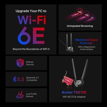 AXE5400 Wi-Fi 6E Bluetooth 5.3 PCIe адаптер, TP-Link, Archer TXE75E, 2× антенны с высоким усилением, 11ax: до 2402 Мбит/с (ARCHER TXE75E)