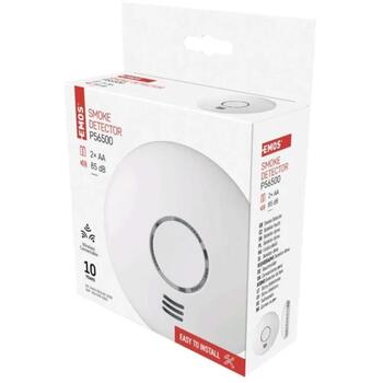 Emos Датчик дыма GS558 P56500, 35,5x120x120mm, 10 лет, 30-95% влажность, IP20, 2x1,5V AA, до 20m, -10 до +45°C (P56500)